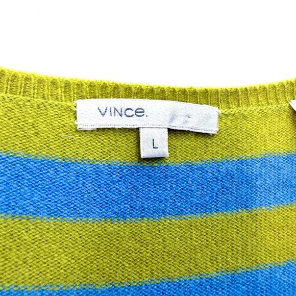 VINCE 100% Cashmere Sweater Womens Large Blue Green Striped V-Neck Luxury Knit - Picture 8 of 11